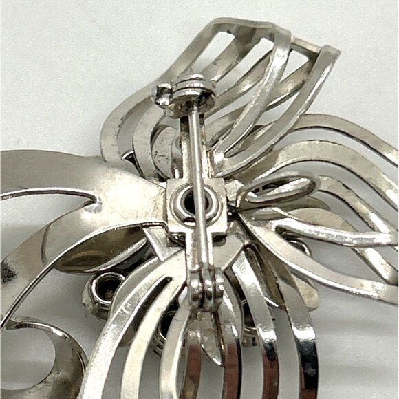 Vintage Bow Brooch Ribbon Pendant Floral & Clear Blue Center Silver-tone - Picture 8 of 11